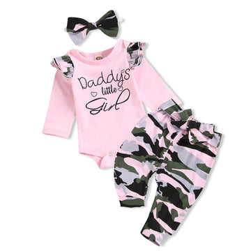 Amawmw Baby Girl Clothes Set Daddys Little Girl Ruffle Romper Top Camouflage Pants Newborn Infant Baby Girl Outfit (Pink, 12-18