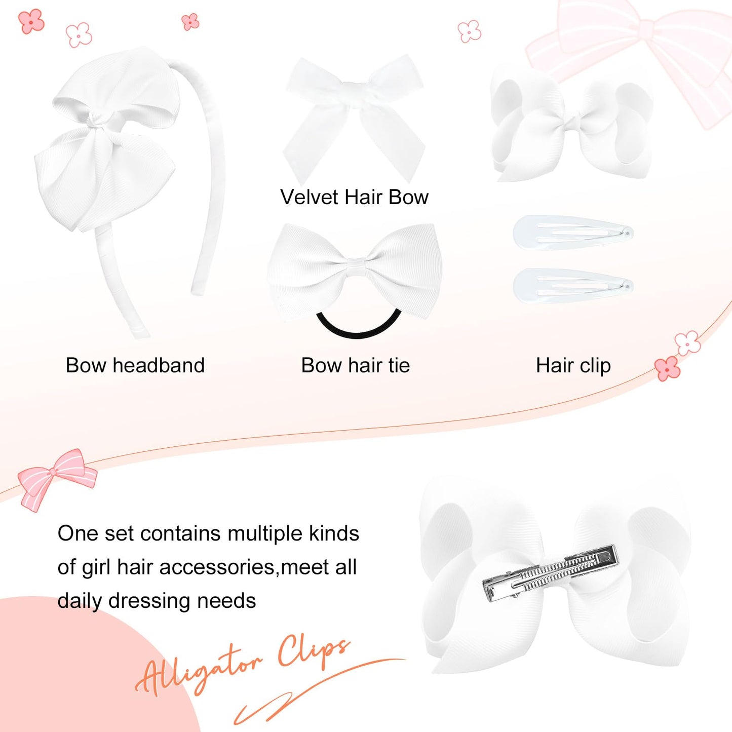 Deeka White Hair Accessories Set - 15 Pieces Uniform Bows, Clips, Headband, And Ties For Little Toddler Girls
