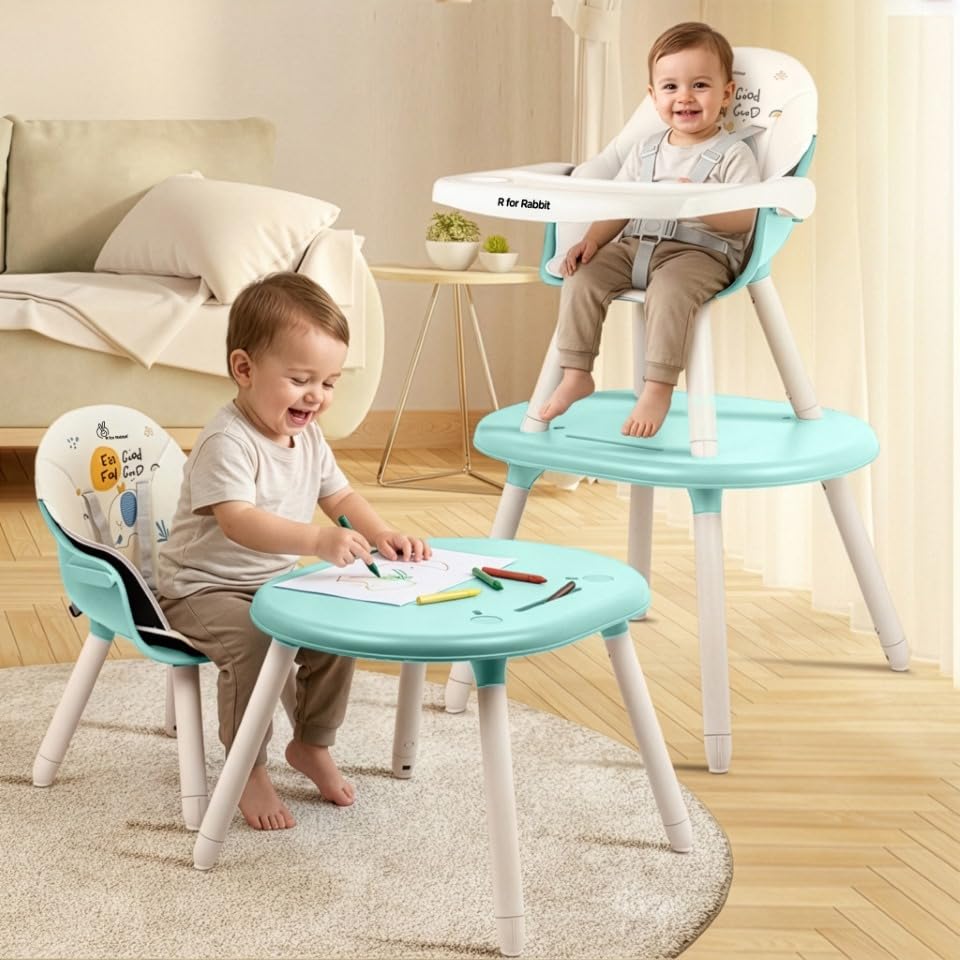 R For Rabbit Cherry Berry Tusky High Chair For Baby, 3In1 Convertible Kids Feeding Chair Compact Fold, Dual Meal Trays, Travel