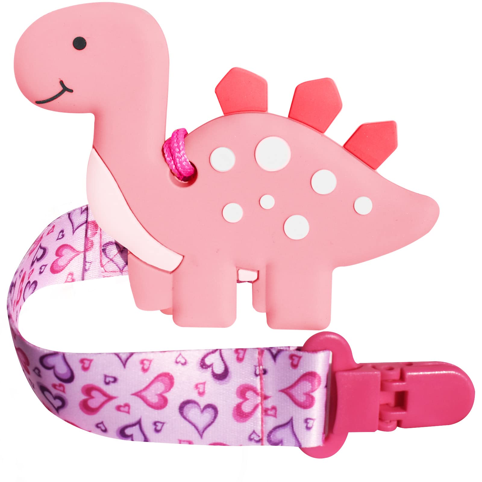 BIGSPINACH 1 Soft Dinosaur Teether for Babies and 1 Baby Pacifier Clip, Valentines Day Gifts for Baby Girl Boy,Silicone Chew Toy