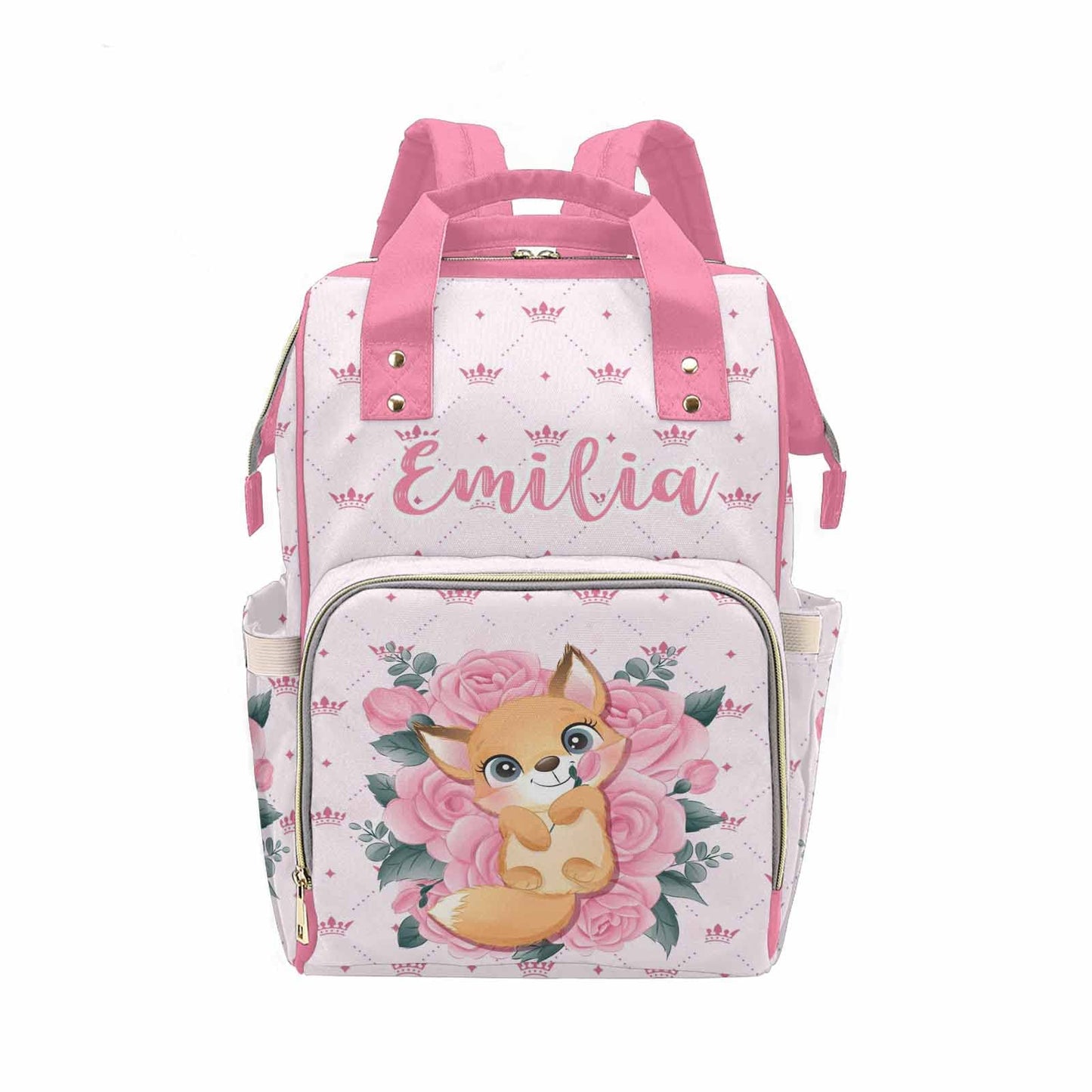 M Yescustom Customized Pink Crown Diaper Bag With Name Christmas Gift For Mom, Custom Cute Fox On Pink Roses Mommy Nursing Daypa