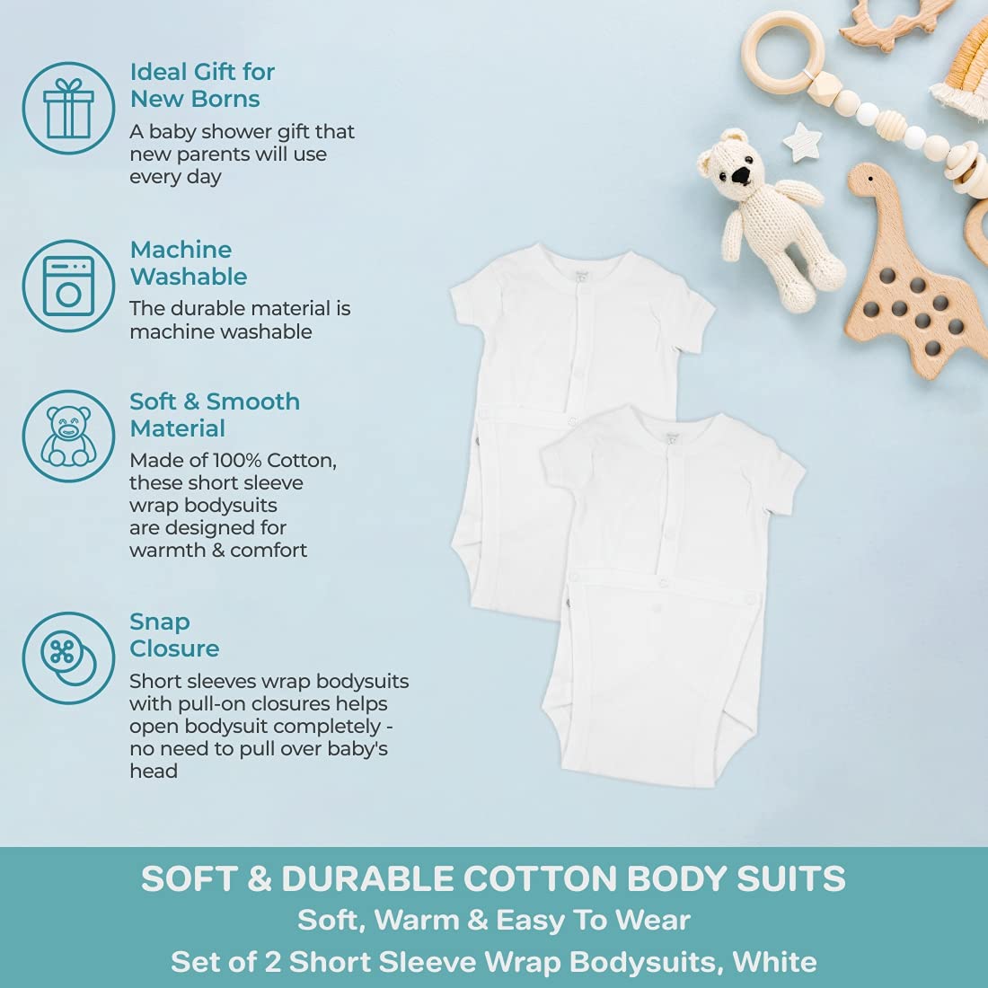 Spasilk 2 Pack Wrap Bodysuit, White, Newborn