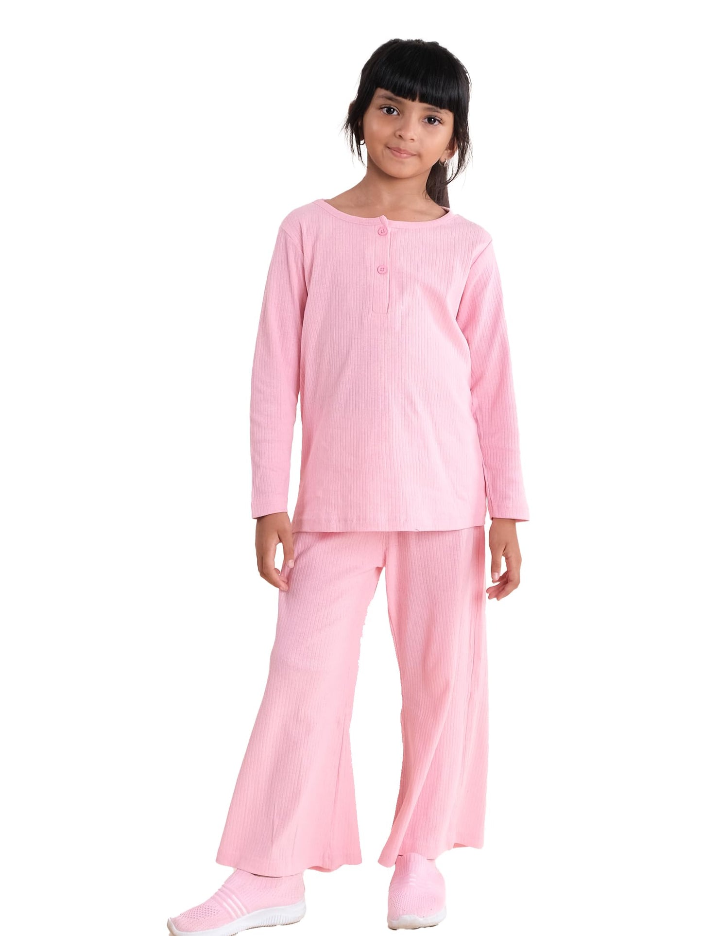 KiddoPanti Girls Henley Neck Tee and Pyjama Night Set, Pink, 46Y