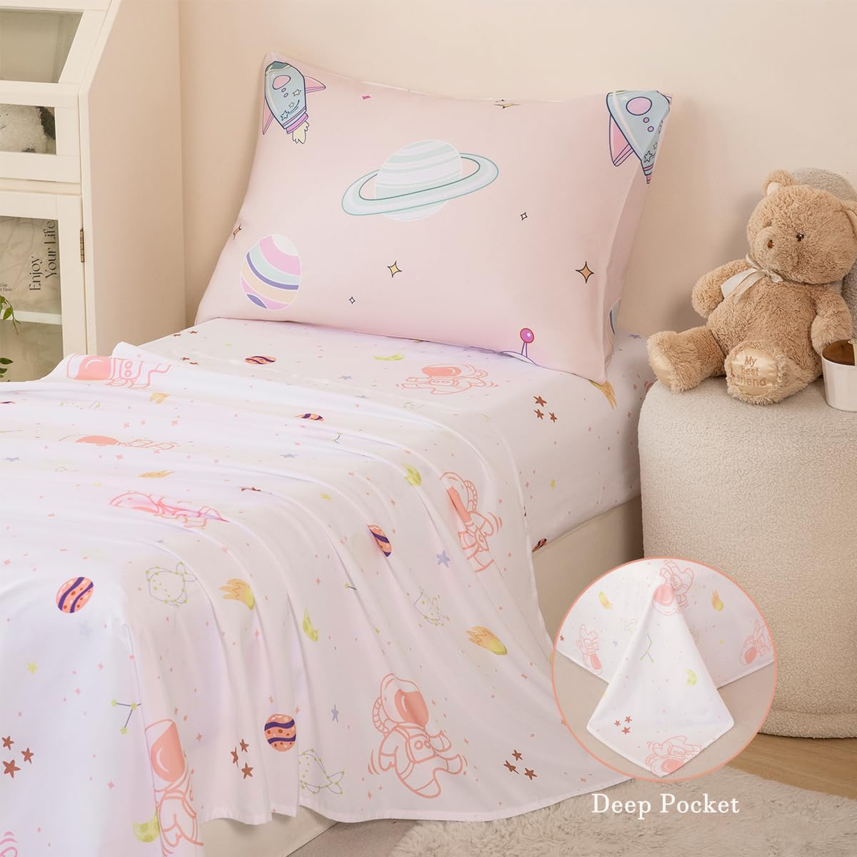 Perfemet 4 Piece Toddler Girl Bedding Set Space Theme Pink Toddler Bed Set With Sheets Soft Reversible Astronaut Planets Toddler