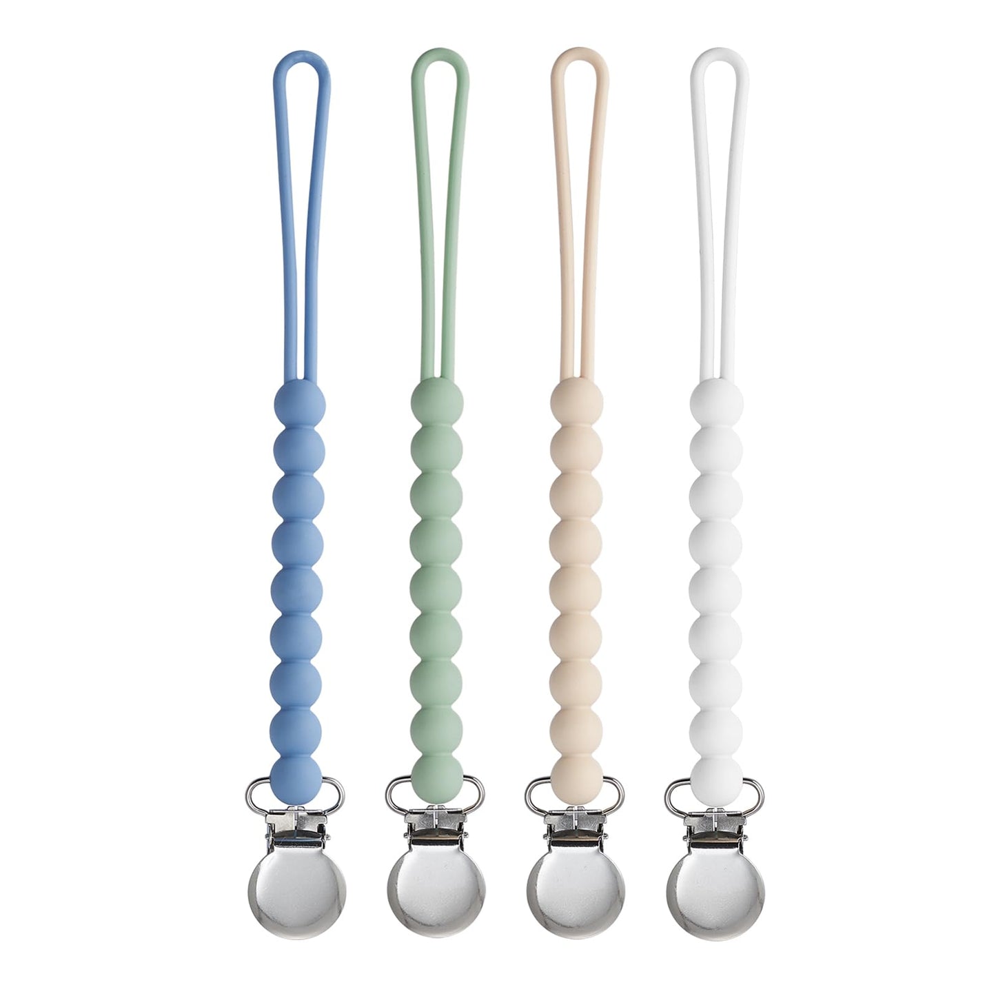 Pacifier Clip for Boys Girls - MORIBOX 4 Pack Paci Clip Soothie Baby Binky Holder for Shower Gift Birthday (Beige+White+Blue+Sag