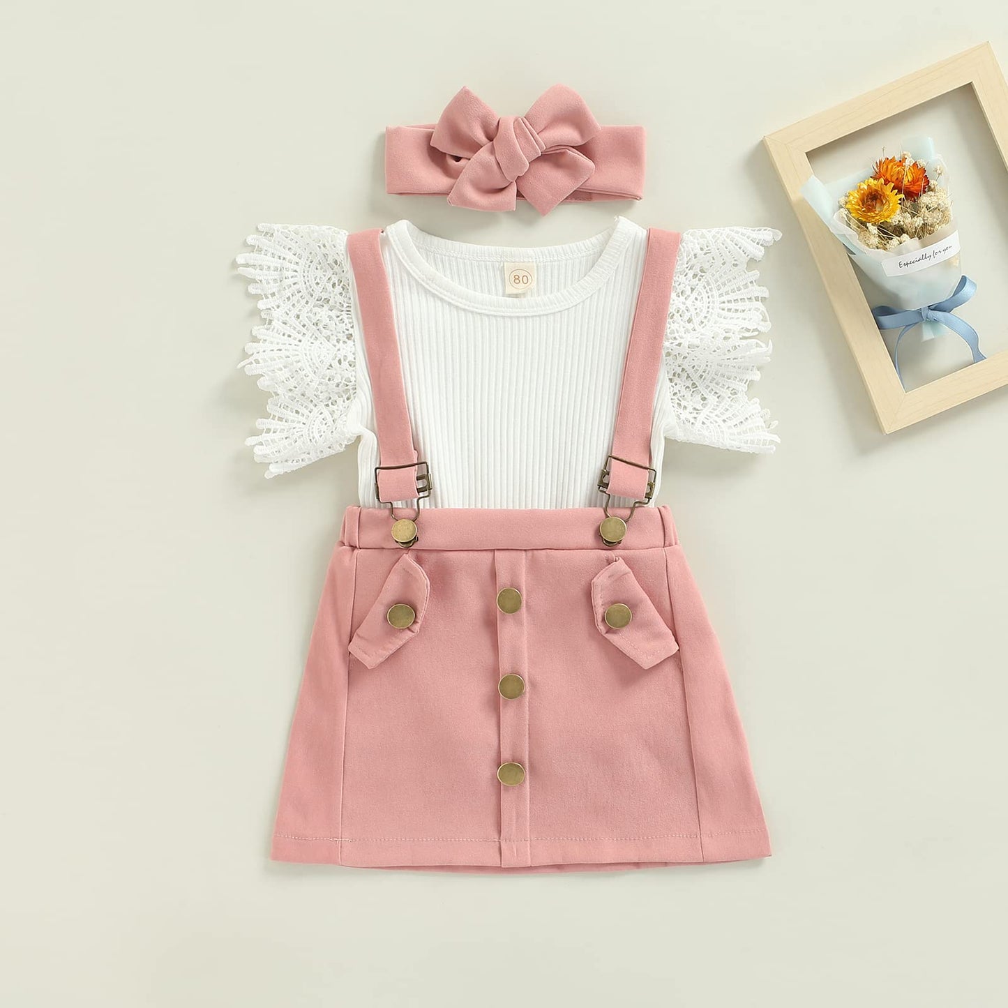 Madjtlqy Infant Girls Summer 3Pcs Outfit Sets Ruffle Short Sleeve Ribbed Romper + Suspender Skirt + Headband (B-Pink, 3-4T)