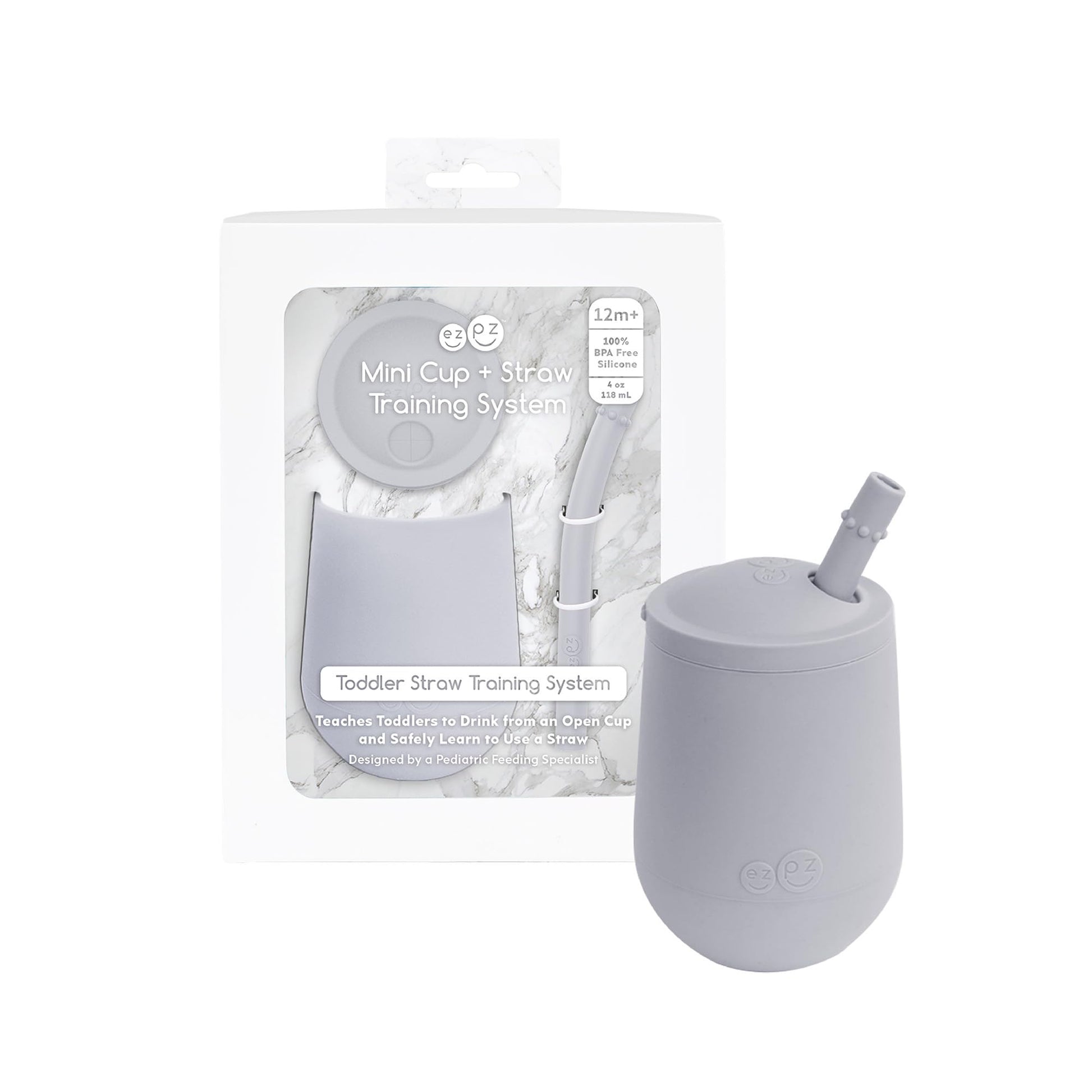 ezpz Mini Cup + Straw Training System (Pewter) - 9 Months+ - 100% Silicone Training Cup for Infants + Toddlers - Designed by a P