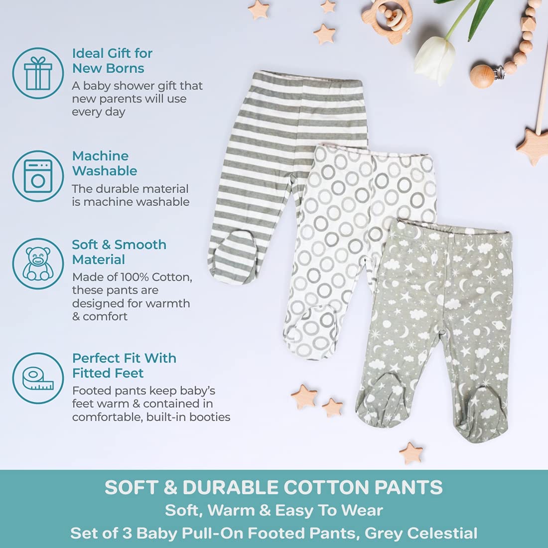 Spasilk Baby Cotton Pull On Footed Pants, 3 Pack Casual Leggings With Feet, Gray Celestial