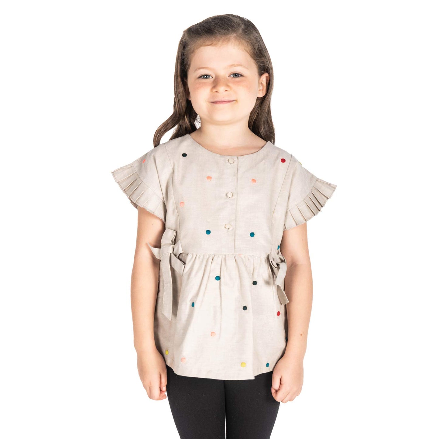 Cherry Crumble Beige Embroidery & Printed 100% Cotton Half Sleeves Round Neck Casual Wear Regular Fit Embroidered Summer Top for