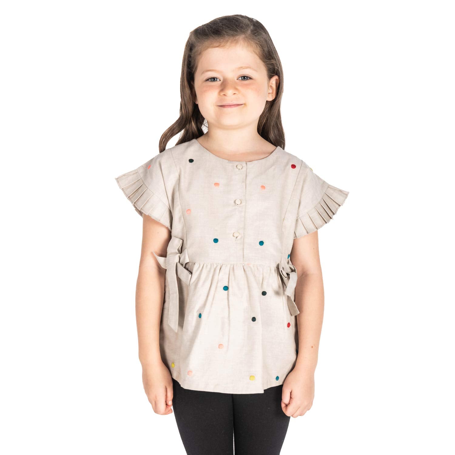 Cherry Crumble Beige Embroidery & Printed 100% Cotton Half Sleeves Round Neck Casual Wear Regular Fit Embroidered Summer Top for
