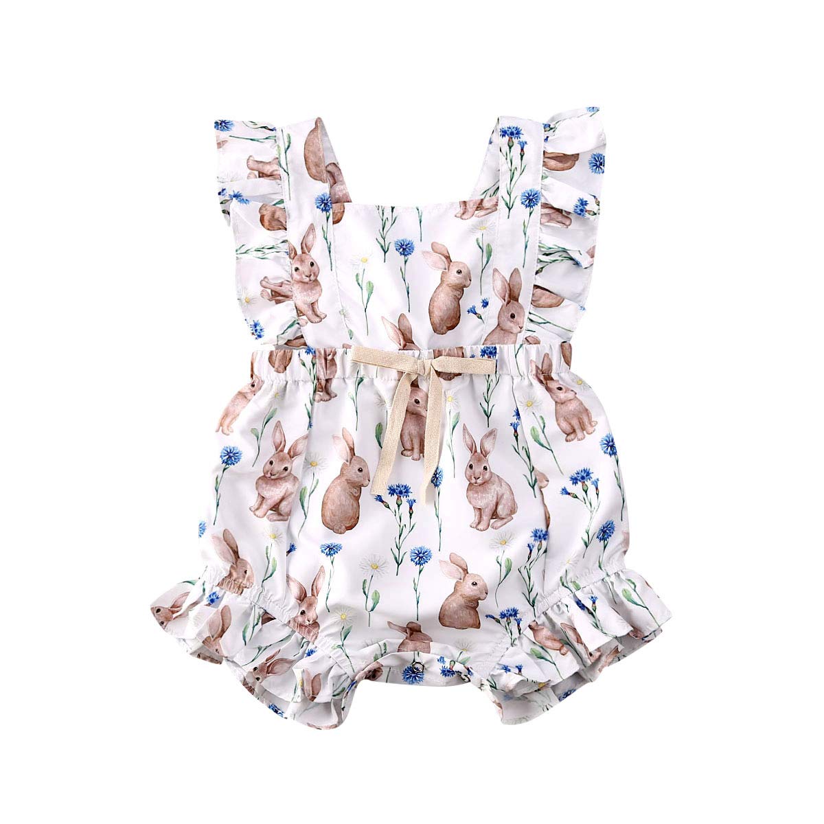 Lamuusaa Infant Baby Girls Easter Bunny Romper Ruffled Sleeveless Bodysuit One-Piece Jumpsuit Shorts Summer Outfits 3-18M (White