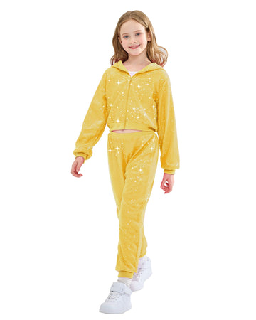 Lolanta Girls Hip Hop Dance Costumes Sequin Jacket And Pants Dance Set Girls Street Dance Casual Wear (Golden, 12-13 Years)