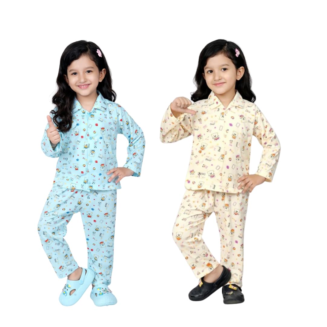 Chiclift Girls Cotton Night Suit Set, Blue and Yellow Full Sleeves Collar Pajama Set, Bear Printed Sleepwear, Pack of 2  (4 Yea