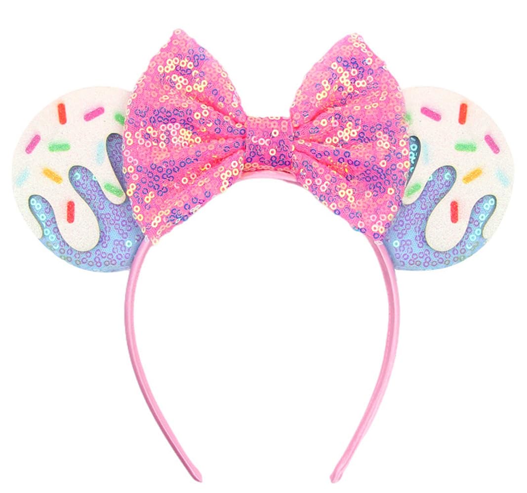 Lifetools-Lt Blue Ears Headbands With Pink Bow & Shiny Sequins & Doughnut, For Women Disneyland Costume Christmas Cosplay Glitte