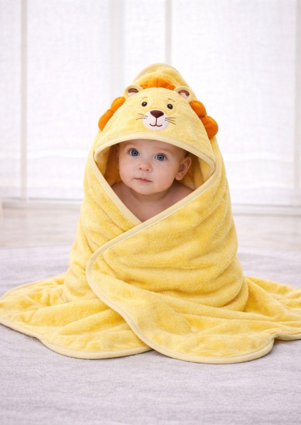 Hi mom Baby Hooded Towel, Yellow Lion Animal Design, Soft Bath Wrap for Infants