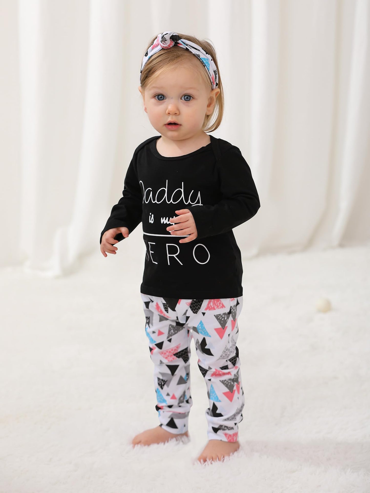 Baby Girls 3Pcs Outfit Set Letters Daddy Is My Hero T-Shirt Tops Geometric Pants With Headband (3-6 Months)