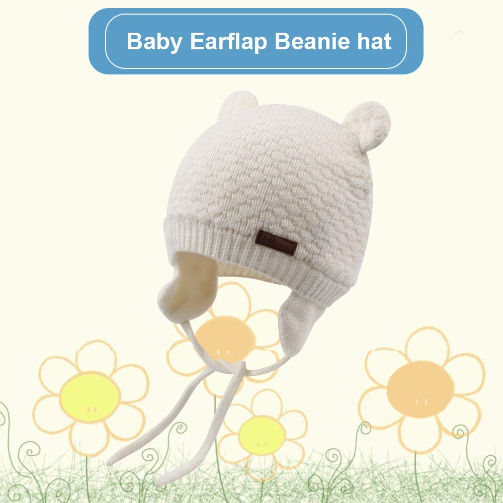 Bavst Baby Beanie Hat For Winter With Earfalp Cute Bear Kids Toddler Girls Boys Warm Knit Cap 0-2Years?White, L