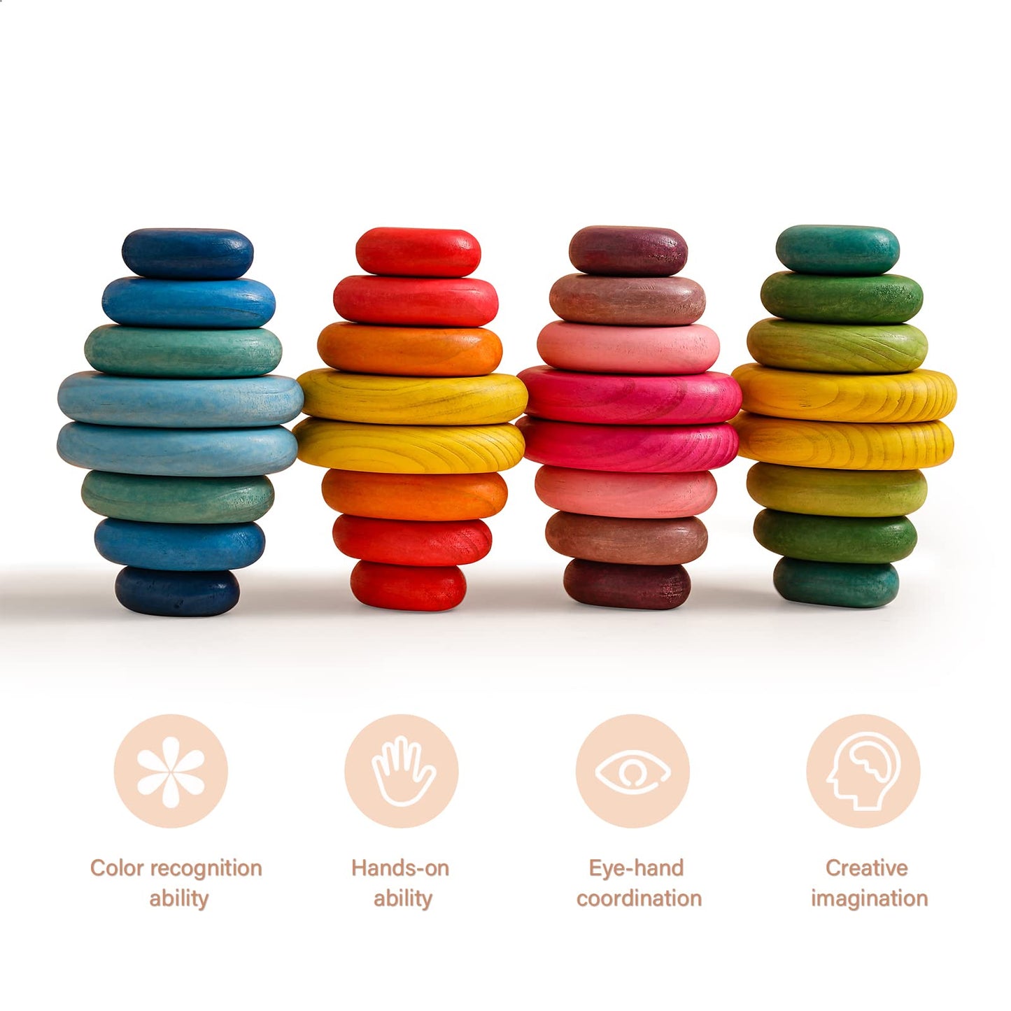 OESSUF 16pcs Extra-Large Wooden Stacking Rocks - Safe Montessori Toys for 1-3 Year Old, Waldorf Wooden Blocks for Toddlers 1-3,