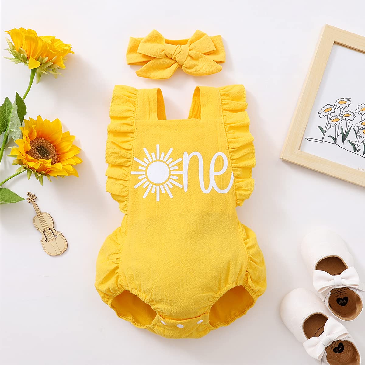 Shalofer Baby Girls One Year Old Outfits First Birthday Romper Cute Backless Ruffles Jumpsuit With Headband (Yellow-Sun,18-24 Mo