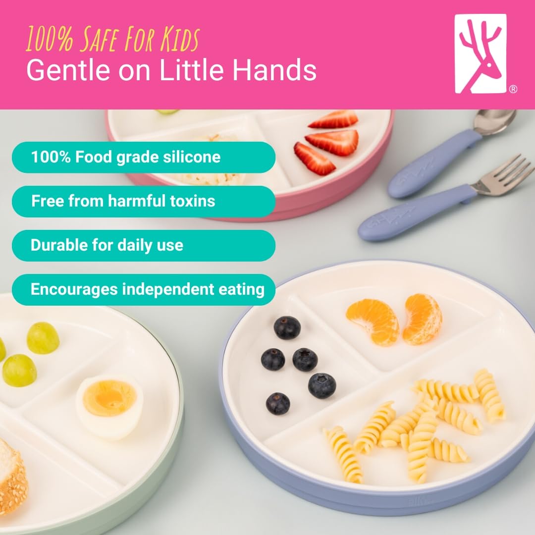 Elk And Friends Kids 7.8    Porcelain White Plates With Silicone Sleeves | Divided Plates | Suitable For Kids/Toddlers | Microwa