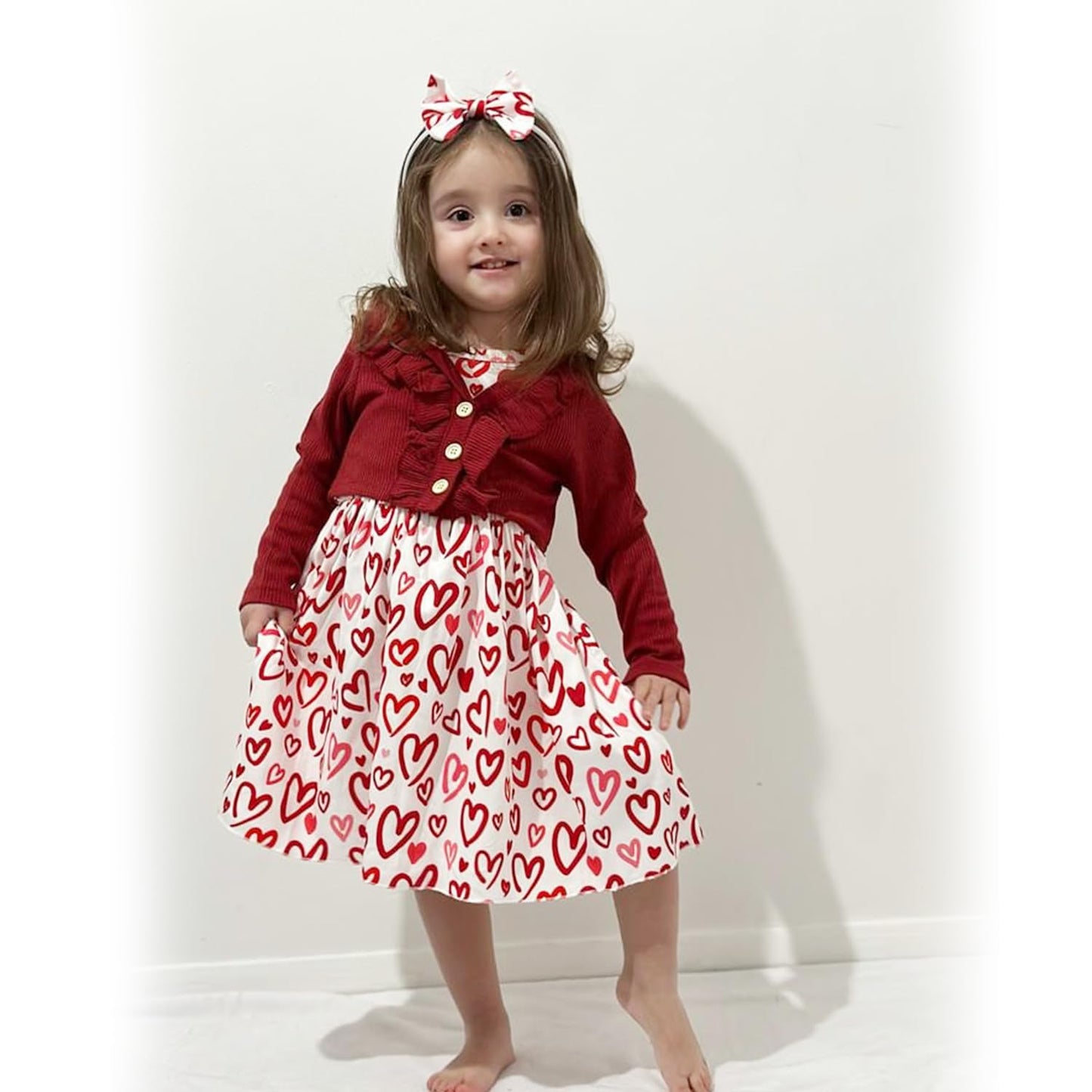 Hintina 18 Month Infant Toddler Baby Girls Valentines Day Dress Outfits Red Heart Sleeveless Sundress With Long Sleeve Waffle Ca