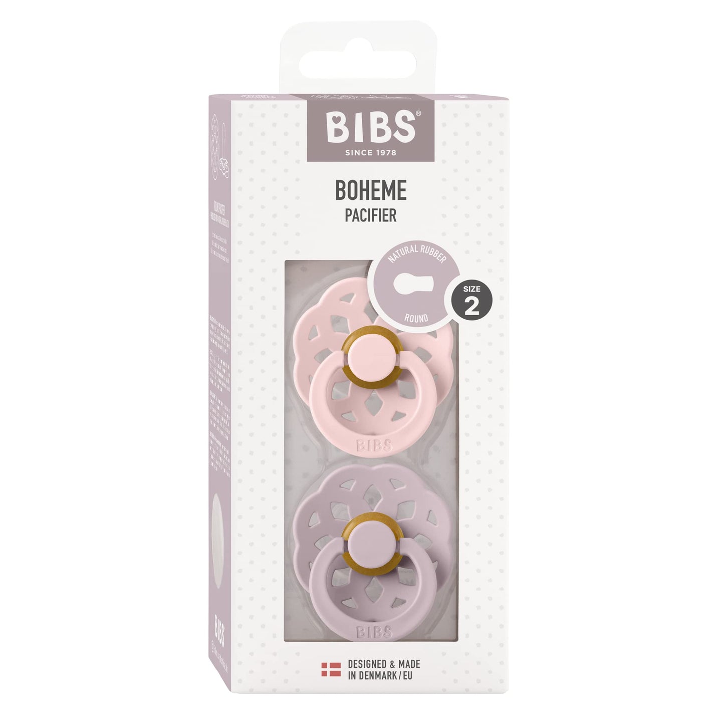 Bibs Pacifiers - Boheme Collection | Bpa-Free Baby Pacifier | Made In Denmark | Set Of 2 Blossom/Dusky Lilac Color Premium Sooth
