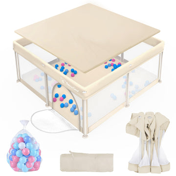 Foldable Baby Playpen for Babies and Toddlers, 50x50 Inch Portable Play Yard, Collapsible Play Pen with Mat, Visible Mesh, 50 Oc