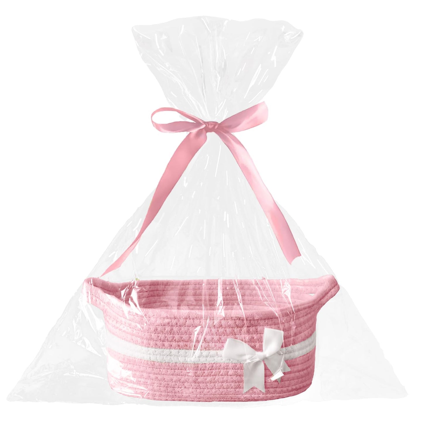 Poschnor Easter Gift Basket Empty with Gift Bags and Ribbons, Woven Cotton Rope Basket for Gifting, Storage, Decoration, Pink