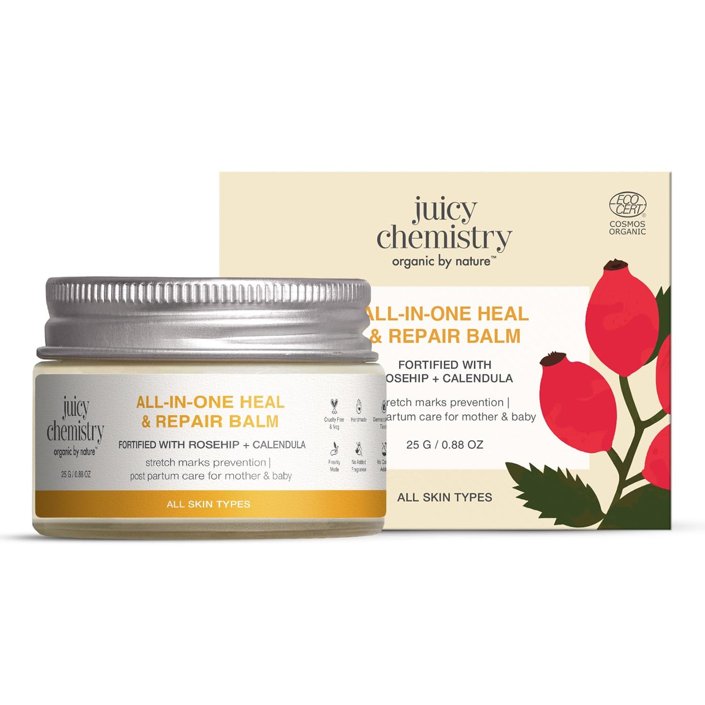 Juicy Chemistry AllInOne Heal & Repair Balm With Rosehip + Calendula, 25G | MultiPurpose Organic Balm For Dry Skin, Lips, Elb
