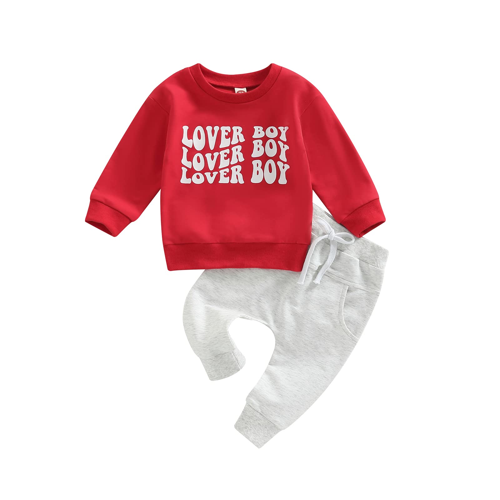 Lesimsam Toddler Baby Boy Valentines Day Outfit Letter Print Crewneck Long Sleeve Sweatshirt And Jogger Pants Set (Lover Boy-Red