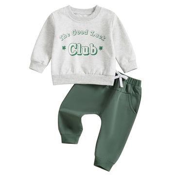Kupretty Toddler Baby Boy Clothes Valentines Day Outfit Graphic Long Sleeve Crewneck Sweatshirt + Joggers Pants Sets (Luck Club