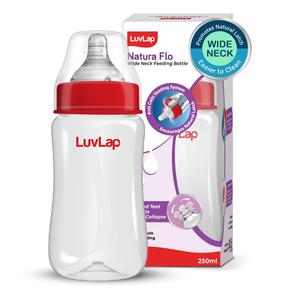Luvlap AntiColic Wide Neck Natura Flo Baby Plastic Feeding Bottle, 250Ml, New Born/Infants/Toddler Upto 3 Years, Bpa Free