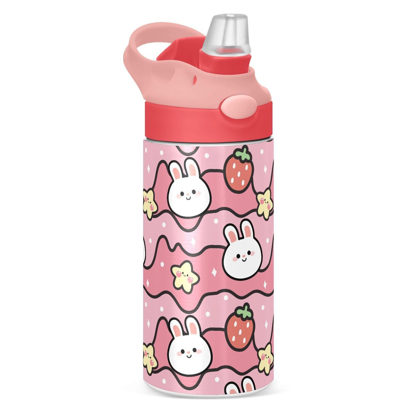 Strawberry Bunny Cute Kids Water Bottle with Straw and Carry Handle Rabbit Stars Pink Vacuum Insulated Stainless Steel Bottles L
