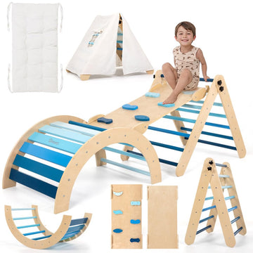 SMILIC Pikler Triangle Set with Cushion, 8-in-1 Toddler Climbing Toys Indoor, Wooden Montessori Climbing Set with Arch Ramp,Ladd