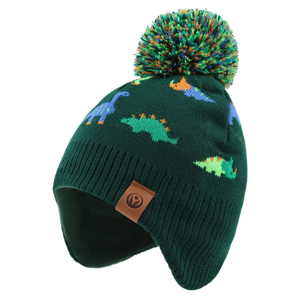 Jangannsa Knitted Baby Hat Scarf Set Winter Warm Boys Girls Beanie Fleece Lining Toddler Kids Hats With Pompom(Dark Green Dinosa