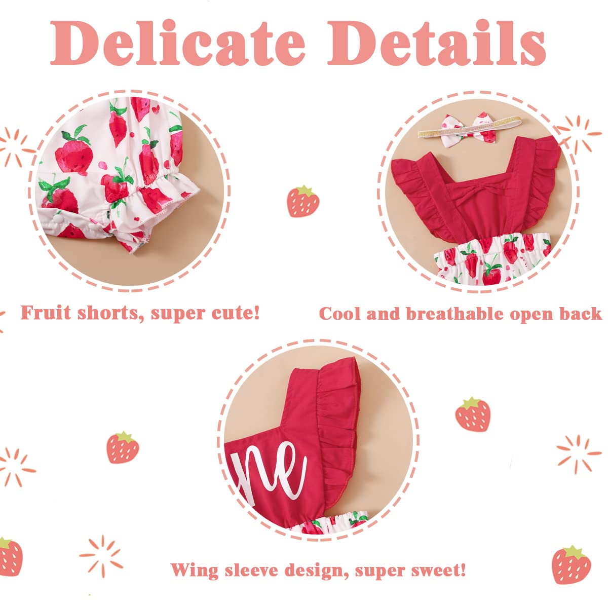 Shalofer Baby Girl First Birthday Outfit 1St Birthday Berry Summer Bodysuit With Fruit Headband(Red,6-12 Months)