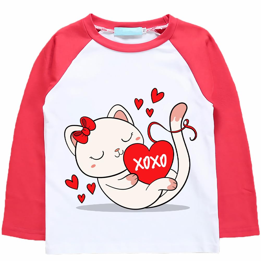Kids Valentines Day T-Shirt Girls Cat Shirt Red Heart Top Cute Long Sleeves Raglan Clothes 5T