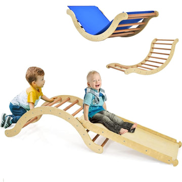 Costzon Climbing Toys for Toddlers, 3-in-1 Montessori Wooden Arch Climber Ladder Structure with Rock Climbing Ramp/Padding, Indo