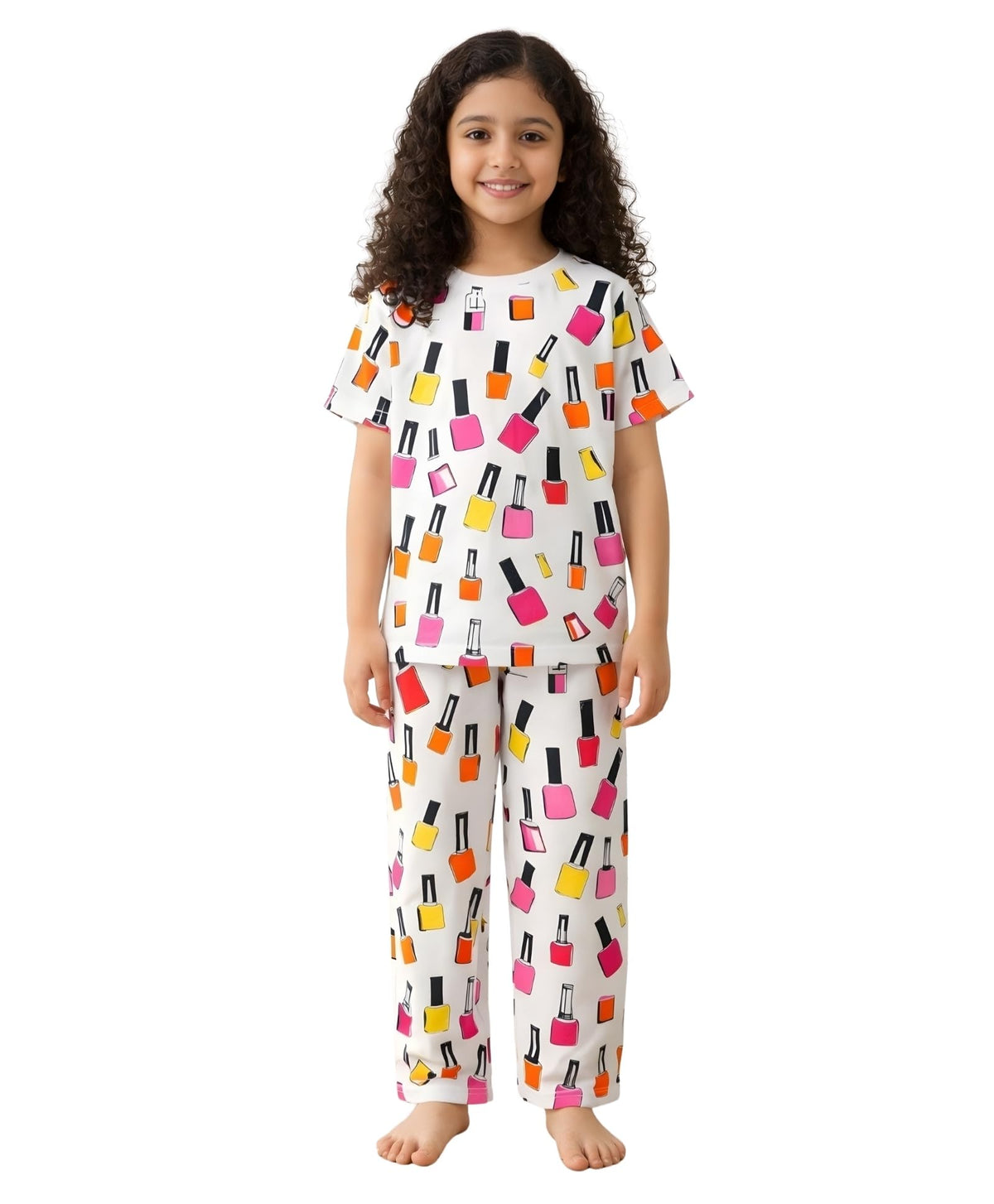 ANTHRILO Summer Nail Paint Short Sleeve Pyjama Set  White