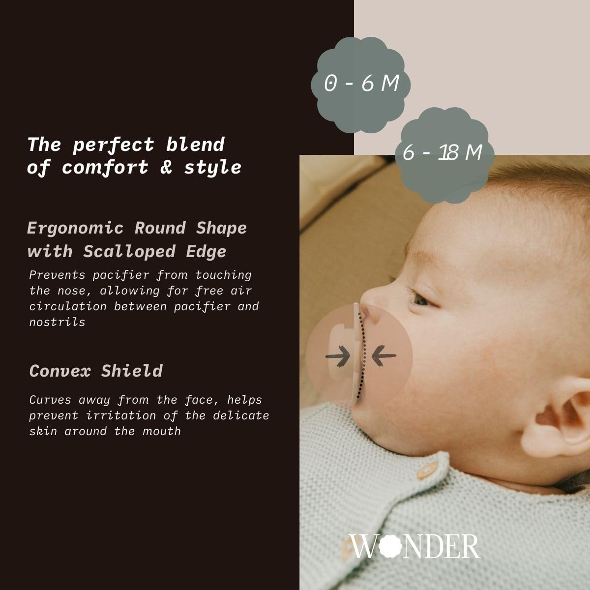 Suavinex Wonder Baby Pacifier, Sx Pro Silicone Nipple, Reversible, Non Irritating Shield Design, 2Pk Pacifiers 6-18 Months, Made