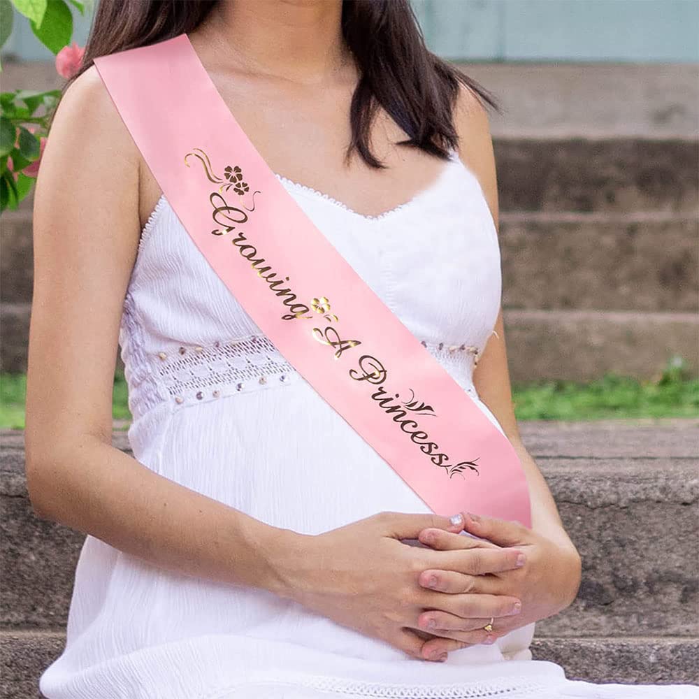 Ulfanit Girls Baby Shower Decoration - Adjustable Flower Crown Tiara And Growing A Princess Sash, Daddy Pin, Pink Party Gifts Fo