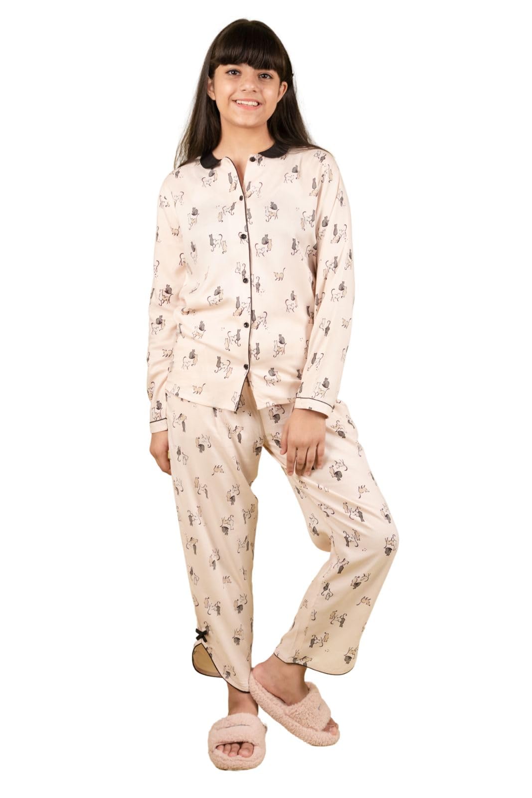Tweeny Mini Girls Kids Pure Rayon Sleepwear| Night Suit | Night Wear | Full Sleeves TShirt & Pyjama Combo Set Cute Cat Printed 