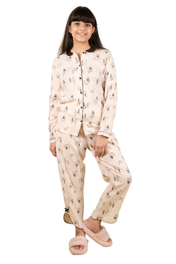 Tweeny Mini Girls Kids Pure Rayon Sleepwear| Night Suit | Night Wear | Full Sleeves TShirt & Pyjama Combo Set Cute Cat Printed 