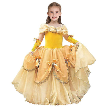 Myrisam Girls Belle Princess Dress Beauty And The Beast Costume Halloween Carnival Cosplay Christmas Birthday Ball Gown W/Arm Sl