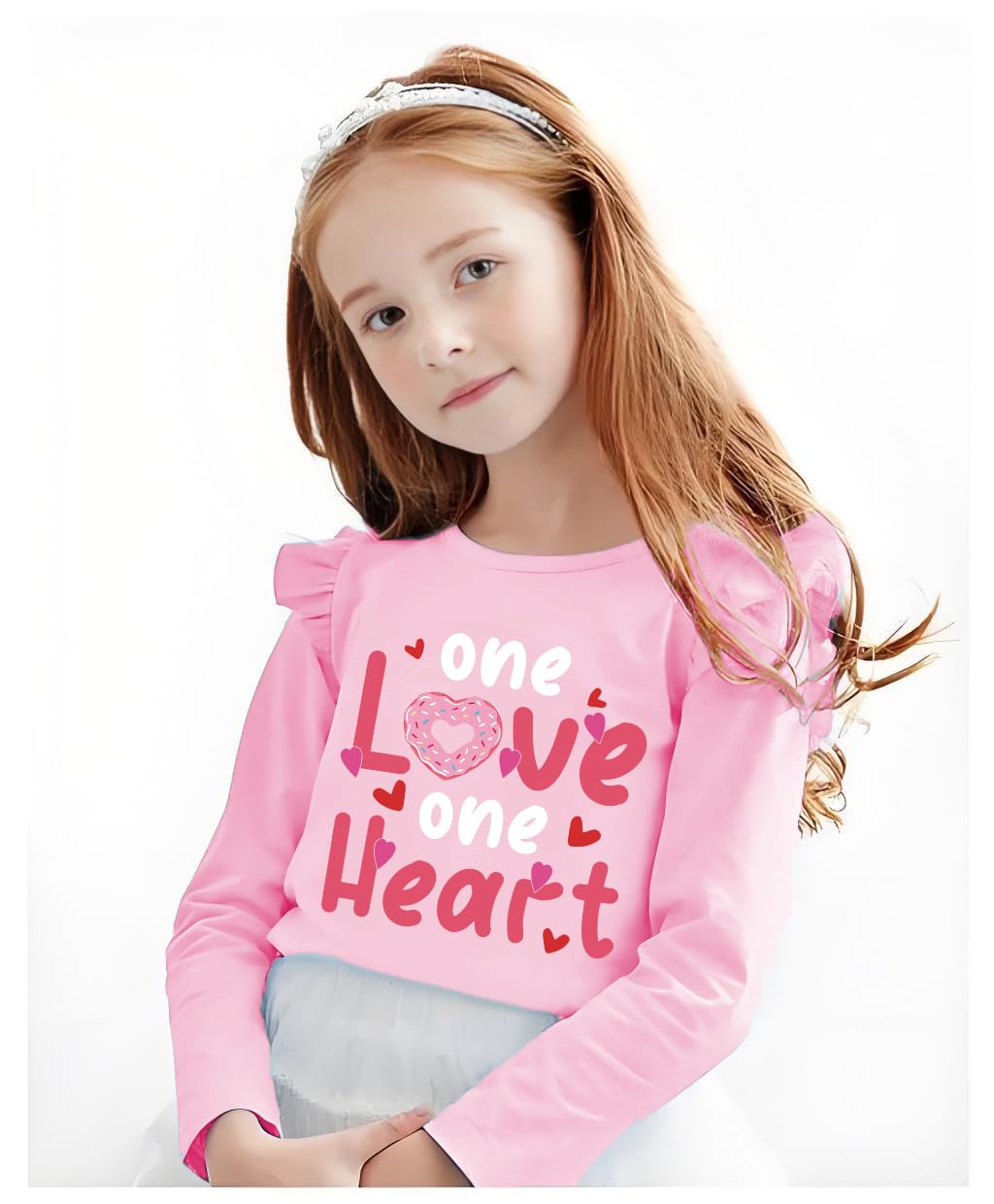 Little Girls Valentine Donut Heart Shirt Kids Casual Pullover Cotton Ruffle Long Sleeve Shirts Outwear 5-6 Years