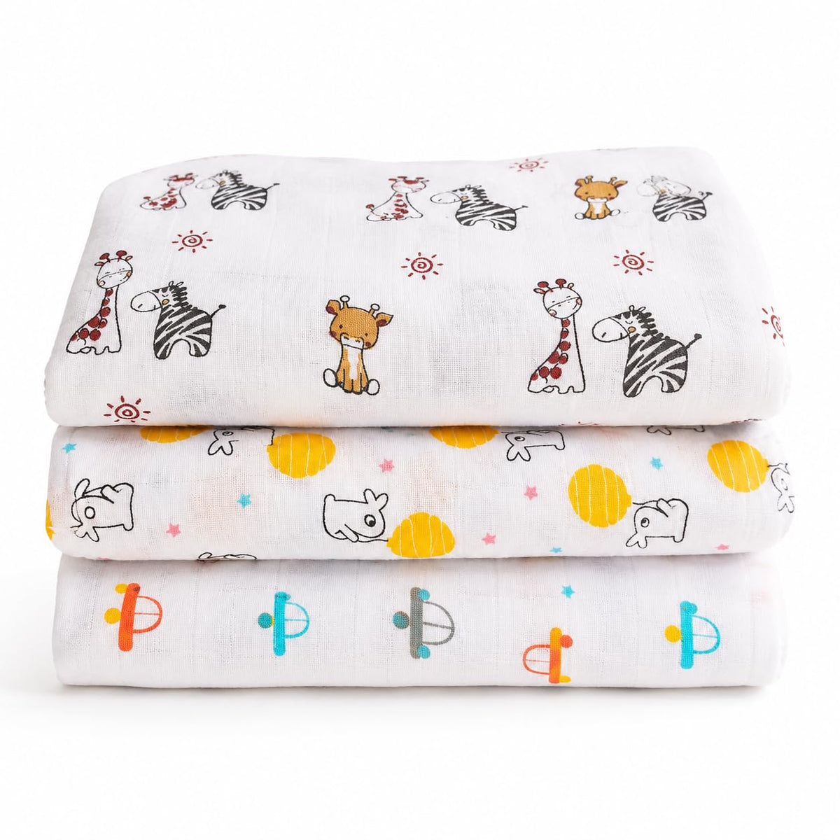 LITTLE HANNU 100% Cotton Muslin Swaddle Wrap for Newborn Baby|SoftBreathable Multiuse Baby Blanket |Multiprinted on White(Pack 