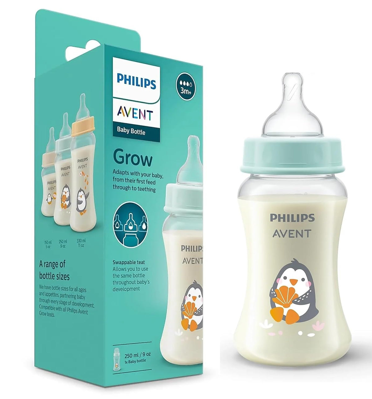 Philips Avent Grow Plastic Feeding Bottle | AntiColic | Easy Fill,Easy Clean|Bpa Free | With 1M+ Flow Teat | Made In India (250