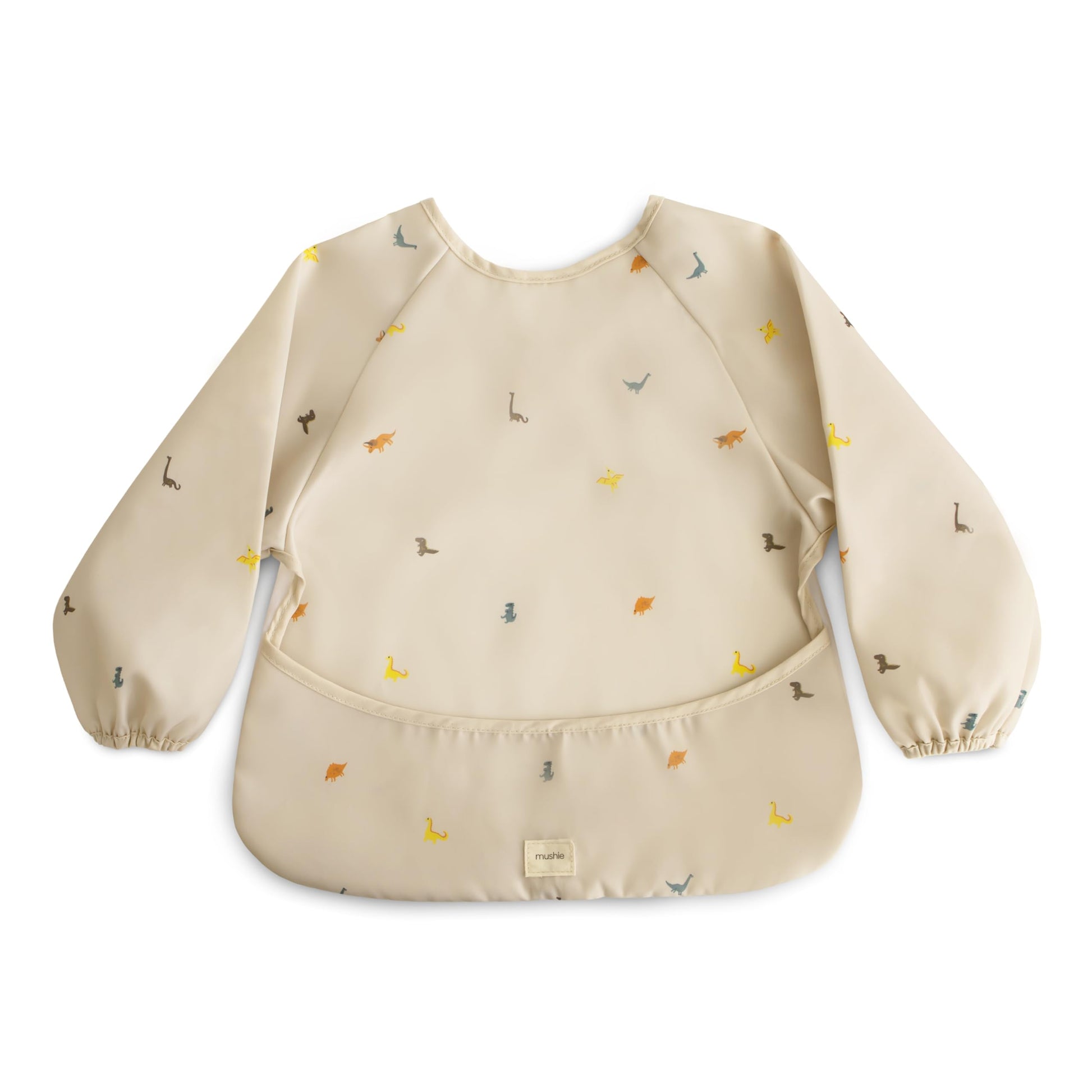 mushie Long Sleeve Baby Bib | Mess Free & Waterproof Fabric for Toddlers | Adjustable Fit for Ages 6-24 Months (Dinos)
