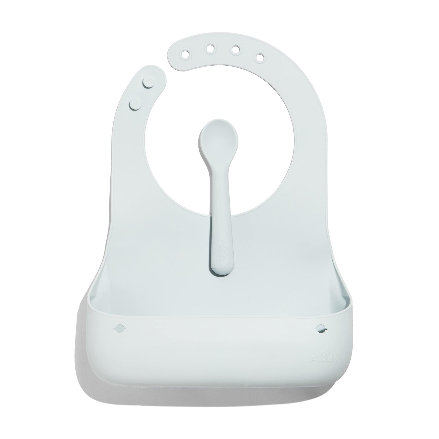 Avanchy Silicone Baby Bibs, Waterproof, Adjustable, BPA Free, Soft Unisex Set for Toddlers with Matching Spoon, White