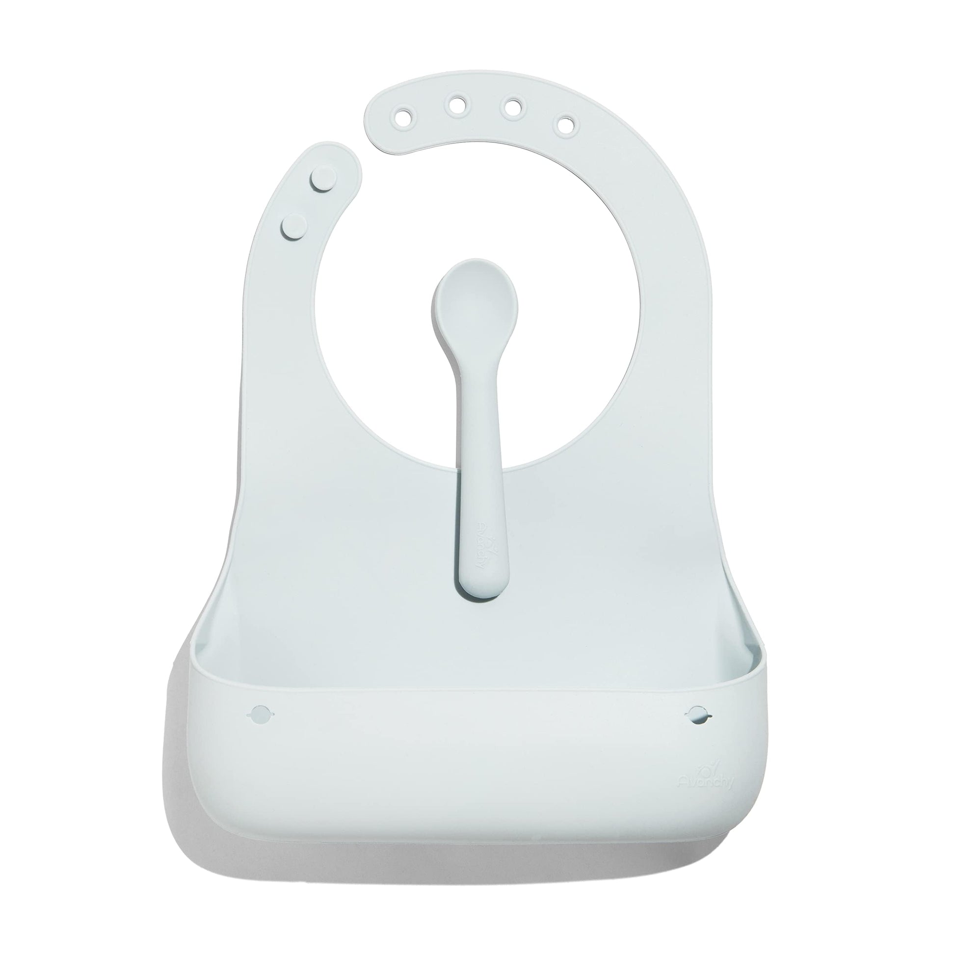 Avanchy Silicone Baby Bibs, Waterproof, Adjustable, BPA Free, Soft Unisex Set for Toddlers with Matching Spoon, White